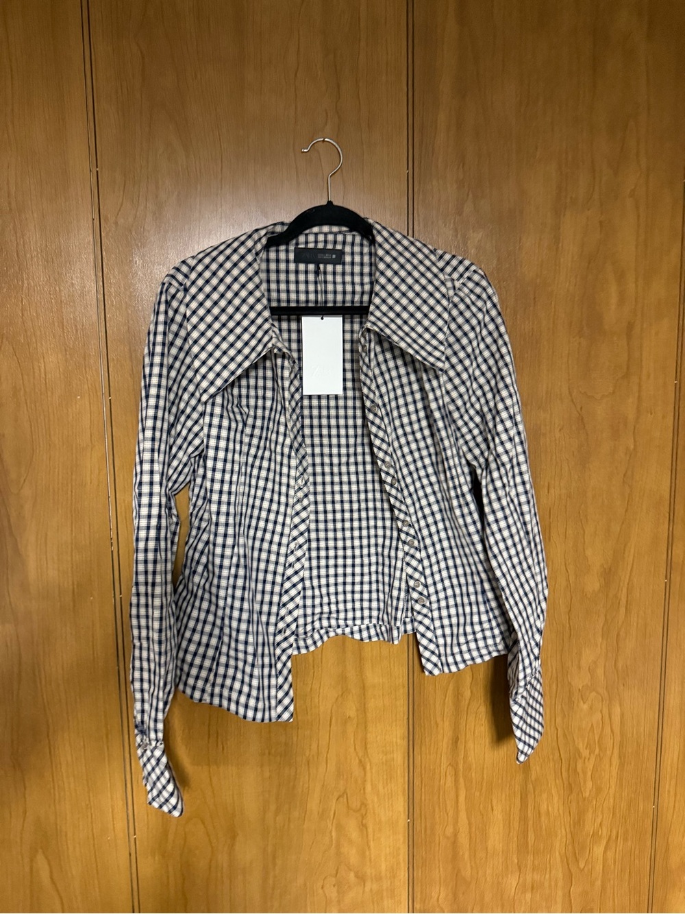 Zara Checkered Gingham Button Up Collared Top - Picture 3 of 5